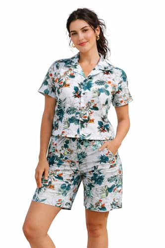 Image of Zilcon Woman Cotton Floral Printed Co-Ord Set - Short Sleeve Shirt with Matching Shorts, Lightweight Breathable Summer Outfit, Beach Vacation Casual Wear