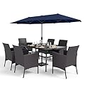Sophia & William 7 Pieces Patio Dining Set with 13ft Navy Patio Umbrella, 60" Outdoor Metal Table & Rattan Chairs Set with Cushions, Outdoor Dining Set for 6 People