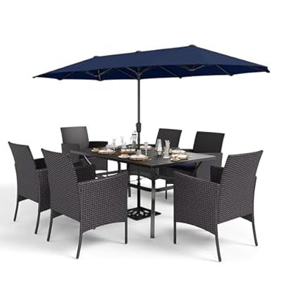Sophia & William 7 Pieces Patio Dining Set with 13ft Navy Patio Umbrella, 60" Outdoor Metal Table & Rattan Chairs Set with Cushions, Outdoor Dining Set for 6 People