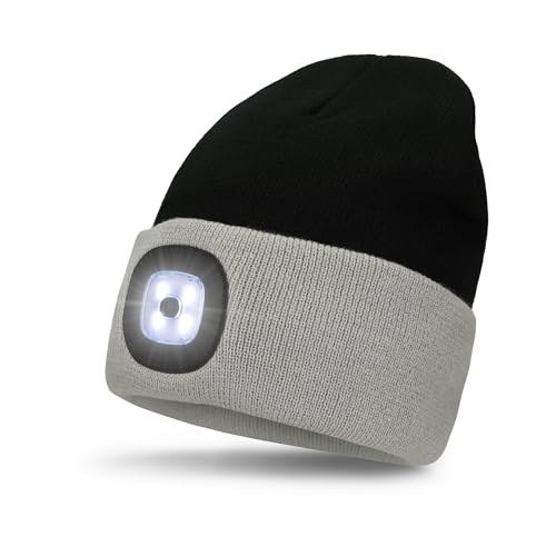 FUZZIO LED Luminoso Gorro Sombrero, USB Recargable 4 LED Gorras para Correr Super Brillante Impermeable Luz Invierno Cálido Regalos para Hombre y Mujer