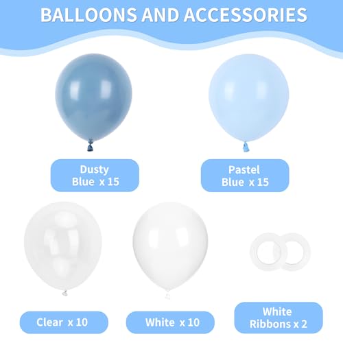 Image of RUBFAC Dusty Blue and White Balloons, Party Balloons for Birthday Baby Blue Clear Balloon 12 Inch, Wedding Baby Shower Gender Reveal Decorations, 65pcs