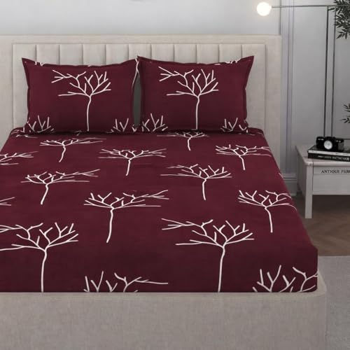 Image of 380 TC Premium Glace Cotton Elastic Fitted Bedsheet King Size with 2 Pillow Covers King Size | Double Bed with All Around Elastic (Maroon Tree, Fitted - 72 inchx78 inch King)