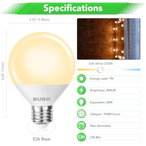 Image of BUBO Vanity Light Bulbs for Bathroom Over Mirror, 60 Watt Equivalent, Soft White 2700K, G25 Globe Light Bulb 800 Lumens, Round Bulb with E26 Medium Base, 7W, Non-Dimmable, 12 Pack