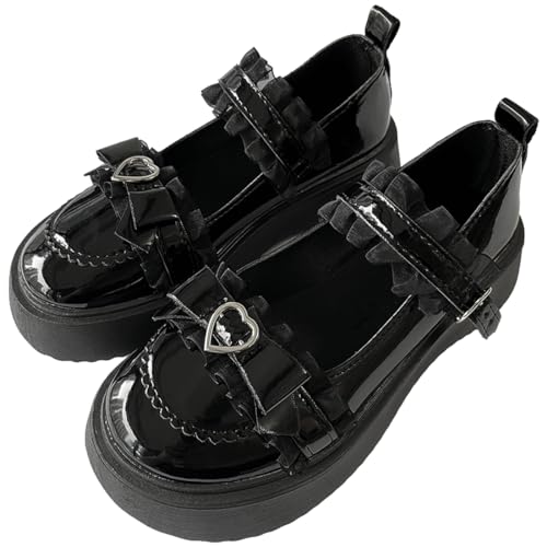 Y2K Goth Kawaii Harajuku Lolita Round Toe Chunky Heels Heart Buckle Black Lace Trim Mary Jane Platform Shoes