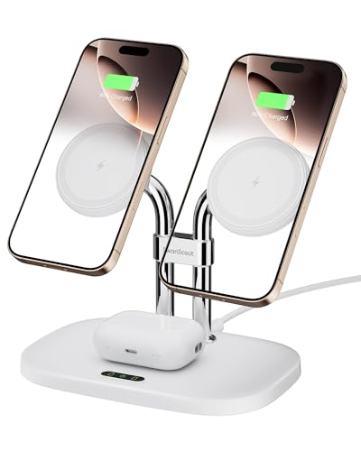 SwanScout Induktive Ladestation für iPhone 17/Air, SwanScout 706M, Mag-Safe Doppel Ladestation Kompatibel für iPhone 16/15/14/13/12 Serie, für Airpods Pro 3/2, Kabelloses Ladegerät für 2 Handys