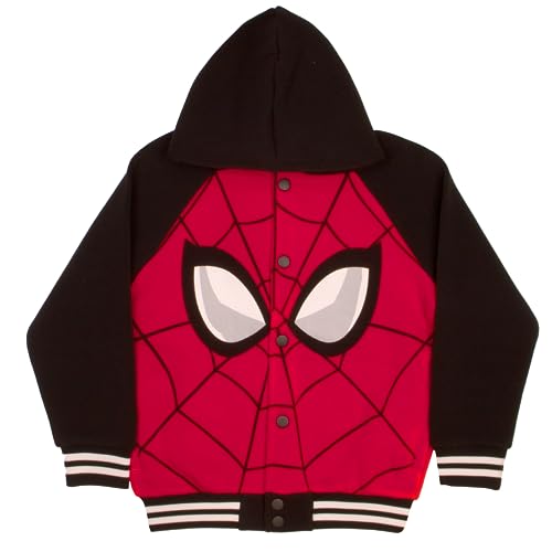 Marvel Comics Spider-Man Miles Morales Boys Sweatshirt - Button-Up Long Sleeve Graphic Print Hooded Varsity Jacket for Kids