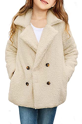 Nirovien Toddler Girls Fleece Jacket Lapel Button Up Teddy Long Coat Faux Warm Outerwear With Pockets(Khaki,6-7T) #TOP26