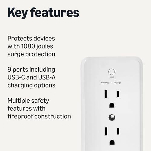 Amazon Basics Wall Mount Surge Protector Power Strip with 9-in-1 Hub, 1080 Joules, 6 AC Outlets, 1 USB-A and 2 USB-C (20W Fast Charging), White image 4