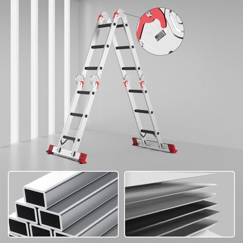 AMHANCIBLE Ladder, Multi-Purpose Folding Ladder, Aluminium Household Ladder With Two Safety Platforms, 4 x 3 Steps, 6-in-1, 340 cm Long, Support up to 150 kg, TÜV/GS certified, Silver+Red UBAL01RD 4 AMHANCIBLE Ladder, Multi-Purpose Folding Ladder, Aluminium Household Ladder With Two Safety Platforms, 4 x 3 Steps, 6-in-1, 340 cm Long, Support up to 150 kg, TÜV/GS certified, Silver+Red UBAL01RD - Image 4