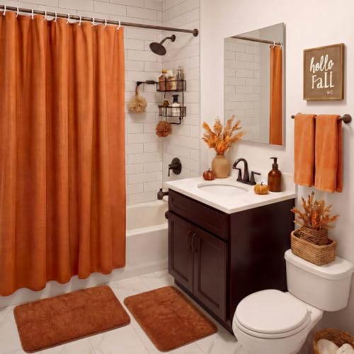 Frienda 5 Pcs Fall Bathroom Decor Rust Orange Fall Shower Curtain Set with Rugs and Hand Towels Autumn Bathroom Set with Hooks Non Slip Microfiber Bath Mats for Thanksgiving Home Apartment Dorm