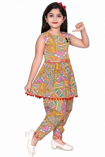 Image of Girls Ethnic Kurti and Dhoti Pant Set - Sleeveless Printed Outfit with Pom-Pom Hem | Dress for Kids