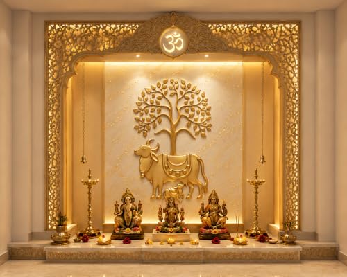Image of Pichwai Cow Wallpaper for Mandir, 4X3 feet | Self-Adhesive Vinyl, Removable Marble Wall Sticker