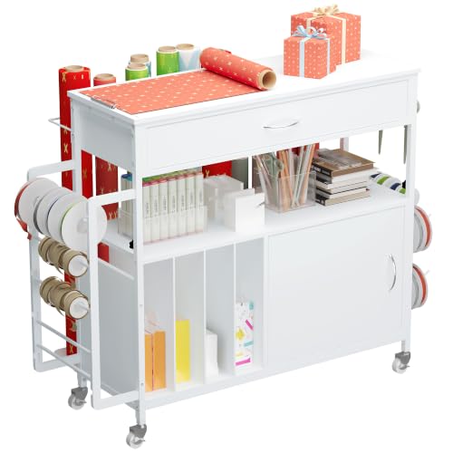 Zethvax Height-Adjustable Gift Wrapping Station with Paper Clamp & Adhesive Measuring Tape Rolling Wrapping Paper Cart with Ribbon & Gift Bag Storage Craft Organizer Workstation (White)