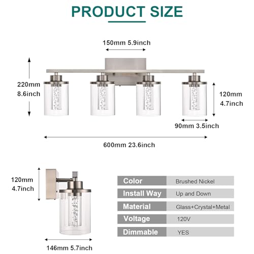 Image of 4-Light Modern Bathroom Light Fixtures Over Mirror,Brushed Nickel Led Vanity Lighting Fixtures with 5CCT Dimmable LEDs,Clear Glass Shades &Wall Sconces Lighting Design for Bedroom,Livingroom