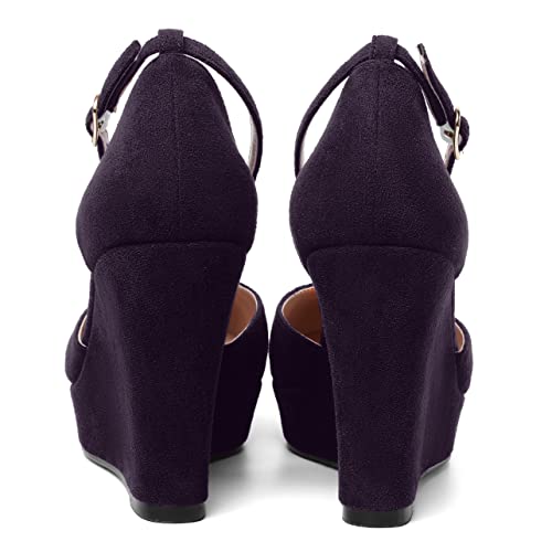 AMBELIGHT Womens Suede Solid Cute Round Toe Party Platform Ankle Strap Buckle Wedge High Heel Pumps Shoes 4 Inch4