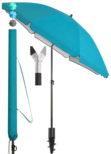 Menz Sonnenschirm Strand Ø 200 cm in Türkis, inkl. Hülle - UPF 50+ Strandschirm für sicheren Sonnenschutz am Strand, Str...