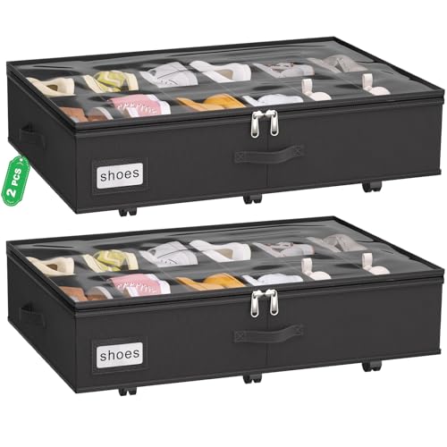 VERONLY Under Bed Shoe Storage Organiser with Wheels for Closet Fits 24 Pairs- Sturdy Underbed Shoe Storage Box Bins Set of 2 (Black)