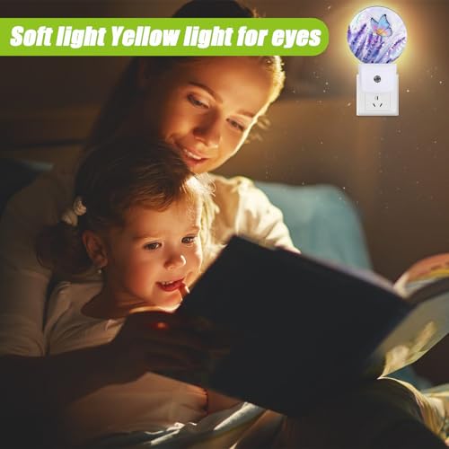 Image of Lavender Flowers Night Light,Watercolor Butterfly Night Lights Plug into Wall for Kitchens Toilets Bedroom Decorative Half Round Nightlight Led Lamp 0.5W Sleep Friendly