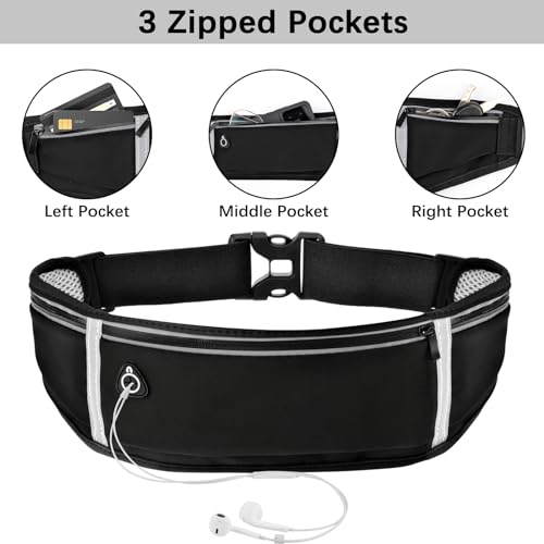 WuGU Laufgürtel, Lauftasche Jogging, Bauchtasche Wasserdicht, Running Belt Mit 3 Taschen, Verstellbare Lauftasche Mit Nacht Reflexband und Kopfhöreranschluss für Gehen, Verstellbarem Gummiband