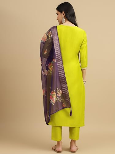 Image of J TURRITOPSIS Women's Embroidered Chinon Kurta and Pant with Dupatta Ethnic Set (414-03-XL Neon)
