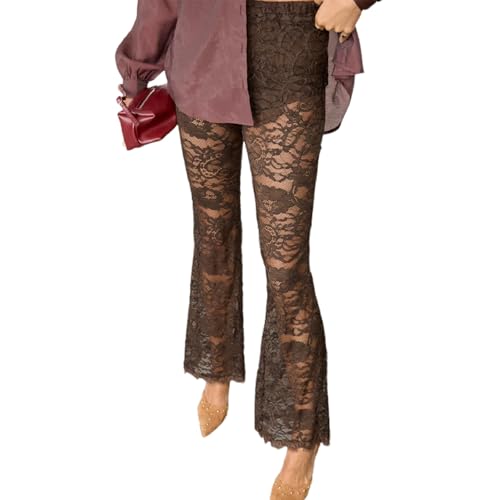 Women Y2k Lace Pants See Through Floral Lace Flared Bell Pant Mesh Lace Sheer Trousers