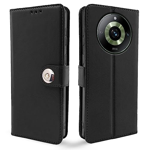 Image of Pikkme Realme 11 Pro / 11 Pro Plus 5G / Narzo 60 Pro 5G Flip Cover Leather Finish | Inside TPU with Card Pockets | Wallet Stand and Shock Proof | Complete Protection Button Flip Case (Black)
