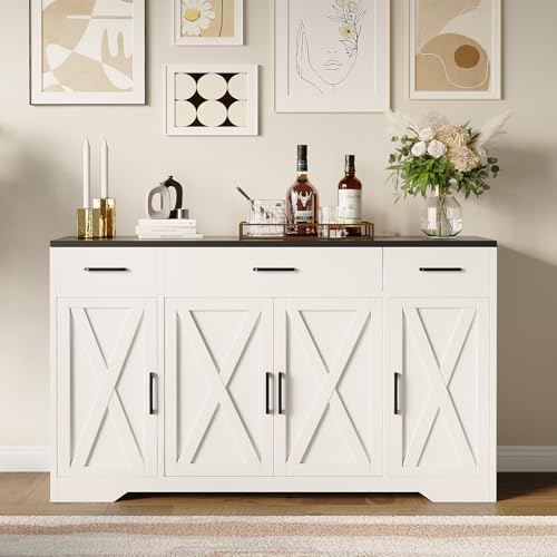 Garvee 55 in Large Buffet Sideboard Cabinet with Storage 4 Doors and 3 Drawers Kitchen Storage Cabinet Coffee Bar Buffet Table for Dining Room, Living