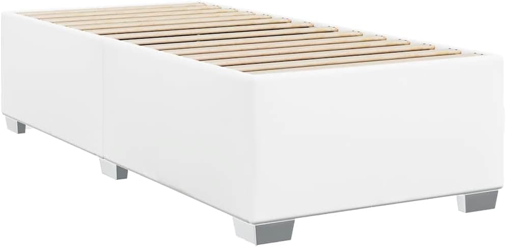 Twin XL Bed Frame White Faux Leather with Sturdy Slatted Platform, Durable Engineered Wood Foundation, Modern Minimalist Bedroom Furniture for Mattress Support and Easy Assembly
