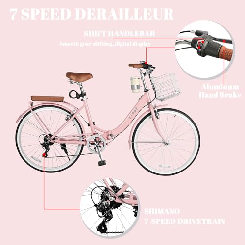 26 Inch Foldable Beach Cruiser Bike with Detachable Cup Holder,Stylish Ladies\' Bike with Detachable Foldable Metal Basket,7-Speed,Women\'s Folding Bike for Commuting,Fitness and Vacation (Pink)