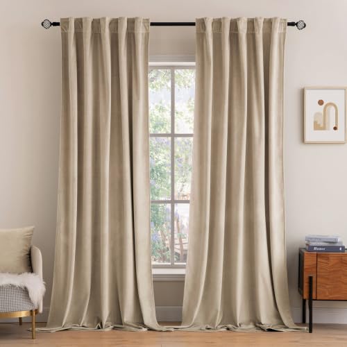 Image of MIULEE Velvet Curtains 52x90 inches 2 Panels Cream Beige Blackout Curtains | Luxury, Bedroom Living Room, Thermal Insulated, Super Soft Window Drapes, Rod Pocket & Back Tab