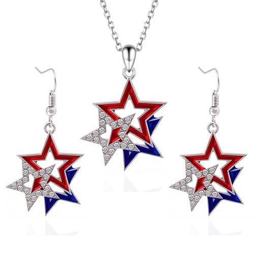 4th of July Earring Necklace for Women Independence Day Jewelry Set Dainty Rhinestone Sparking Star Heart Necklace Red White and Blue Memorial Day Patriotic American Flag Earrings Accessorie Outfits 250 Anniversary USA Merchandise (Red White Blue-A)