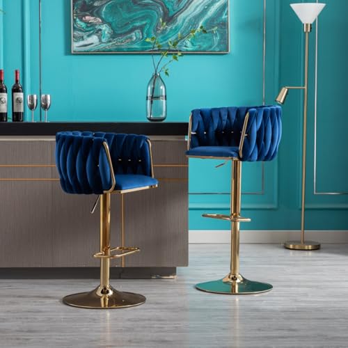 Wheloy Set of 2 Bar Stools,with Chrome Footrest and Base Swivel Height Adjustable Mechanical Lifting Velvet and Golden Leg Simple Bar Stool, Comfortable and Relaxing. (Navy)