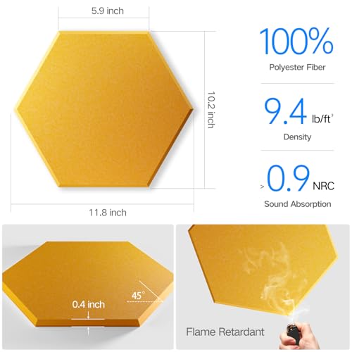 Image of 18 Pack Self-adhesive Acoustic Panels 12 inch X 10 inch X 0.4 inch -Sound Proof Foam Panels for wall with High Density, Hexagon Design, Flame Resistant, Absorb Noise and Eliminate Echoe(Orange Yellow)