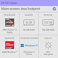 HP 17.3 inch Laptop, HD+ Display, AMD Ryzen 5 7520U, 16 GB RAM, 512 GB SSD, AMD Radeon Graphics, Windows 11 Home, Natural Silver, 17-cp2199nr — image 2