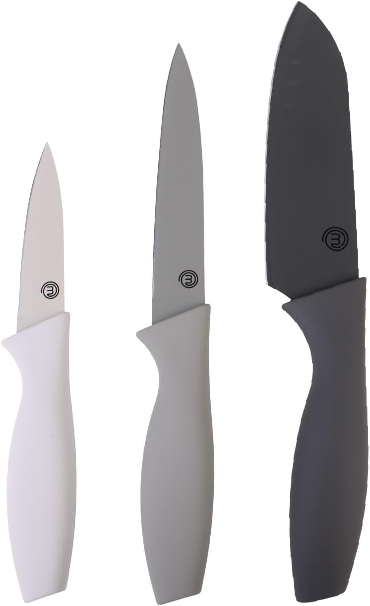 MasterChef Zestaw Noży Kuchennych 3-Częściowy, Profesjonalne Noże: Szefa Kuchni, Uniwersalny i do Obierania, Stal Nierdzewna, Nieprzywierające Ostrza, Szary, Ergonomiczne Miękkie Uchwyty