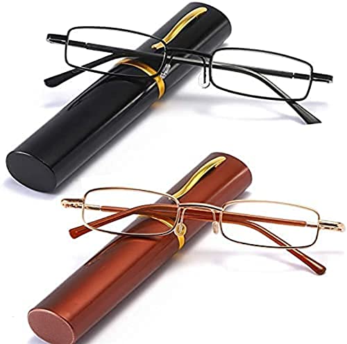 Image of JRS Pack of 2 Pen Reading Glasses:Lightweight,Pocket Metal Case + Free Screwdriver Keychain for Men /Women /Unisex.For Near /Computer Vision,Laptop /Mobile /TV Watching.All Power,Comfort-Size|Mixed Color