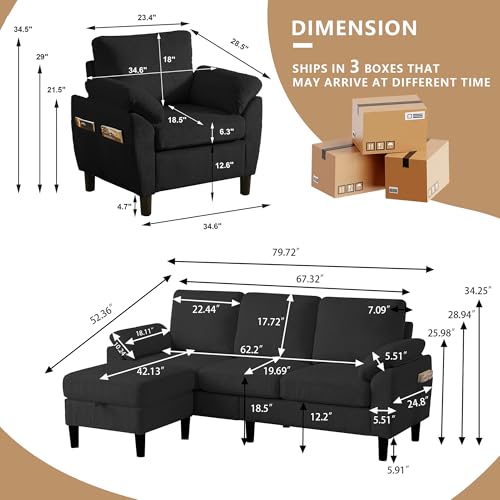 Image of 3 Pieces Corduroy Sofa Set for Living Room with Sofa, Storage Ottoman and Single Chair