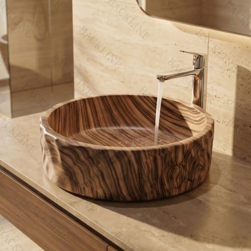 Image of Backline Basin For Bathroom | Countertop Wash Basin (40 x 40 x 13.5 Cm) | Ceramic Bathroom Sink | Table Top Basin | Scratch & Stain Resistant Easy to Clean | Modern Luxury Basin (Wooden Finish)