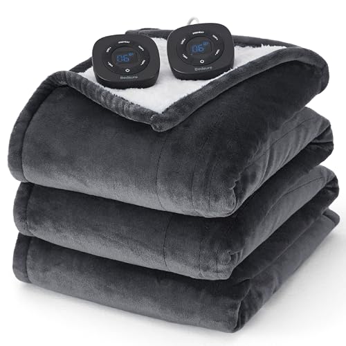 Bedsure Electric Blanket Queen Size - Dual Control Heated Blanket Queen, Fast Heating with 10 Time Settings & 10 Heat Settings, Warm Gift for Grandma (84x90 inches, Dark Grey)