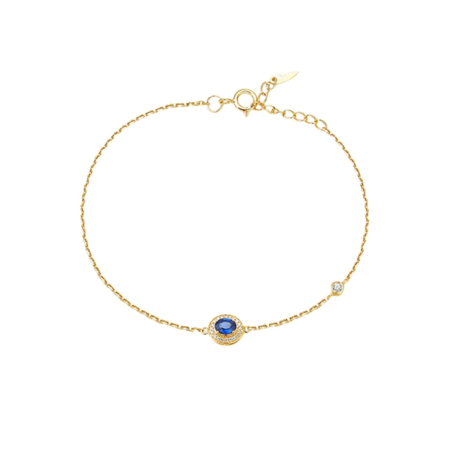 Pulseras Mujer de Oro Amarillo 9K / 14K / 18K, Oval con Zafiro y Diamante, Cadena Extensible 16 CM + 5 CM, Pulsera de Oro Azul Mujer