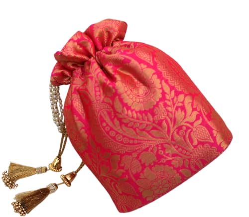 Image of MILAN'S CREATION Banarasi Silk Brocade Potli Bag Purse With Base Drawstring Women's handbag with Pearl Handle & Tassel Weddings
