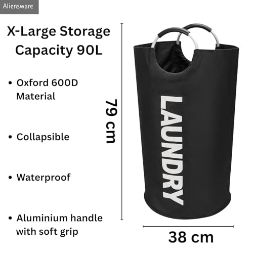 Image of Aliensware Laundry BasketXL 90L with aluminium Handles,Collapsible Laundry Bag Bin Hamper, Water Resistant Oxford cloth bag /Foldable /Clothes Storage Box /Storage Basket /Aliens-(79 X 38cm) Black
