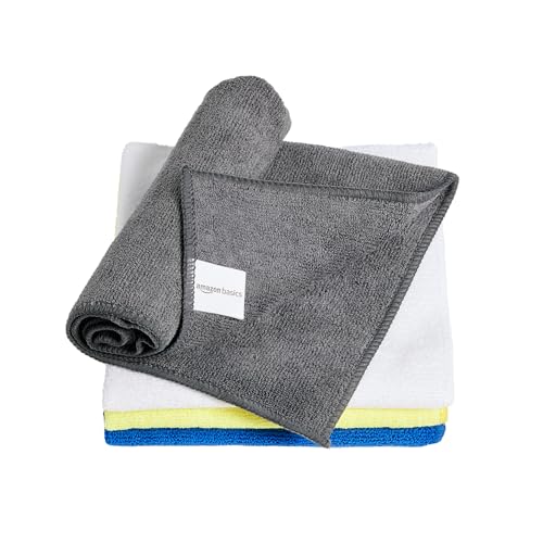 Image of Amazon Basics Microfiber Cleaning Cloth | 350 GSM | Ultra Soft | Super Absorbent | Reusable | Pack of 5 (Multicolor)- 40cm X 40cm