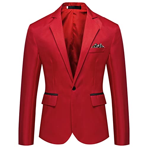 Men's One Button Lightweight Blazer Casual Slim Fit Business Daily Jacket Classic Solid Skinny Party Sports Coat (Red,XX-Large)