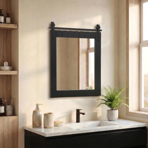 Image of Besdomus Rustic Bathroom Farmhouse Mirror: 22 inchx30 inch Black Barn Door Mirror | No Assembly Required - Solid Wood Frame - Wall Mounted for Over Sink /Bedroom /Entryway /Living Room - Ideal for Home Renovation