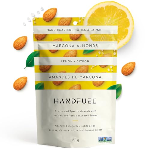 Handfuel Lemon Marcona Almonds, Hand Roasted Salted Almonds, 10g of Protein, Proudly Canadian Made Plant Based Flavoured Nuts, Gluten Free - 150 Grams