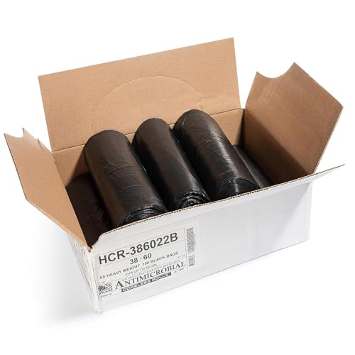 Image of Aluf Plastics High Density Trash Bags, 60 Gallon, 600 Count, 22 Micron (eq), 38 inch x 60 inch, Black, for Bathroom, Office, Industrial, Commercial, Janitorial, Municipal, Recycling