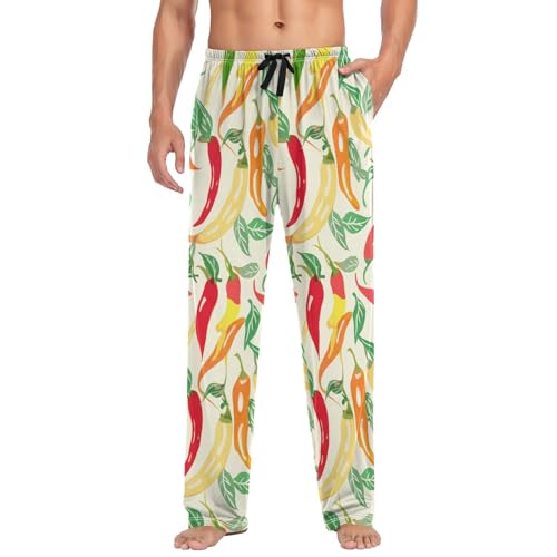 Men's Pajama Pants Watercolor Pepper Yellow Red Sleep Pajama Lounge Pant with Pockets, Elastic Waistband3