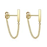 S.Leaf Sterling Silver Stud Earrings Bar with Chain Dangle Earrings Gold Earrings for Women (gold)