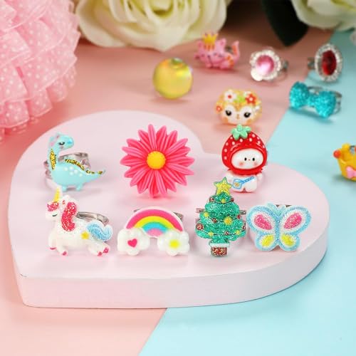 Image of STAR WORK Little Girl Jewel Rings in Box, Adjustable, No Duplication, 24 pcs Girl Pretend Play and Dress Up Rings For Up To 12 Years